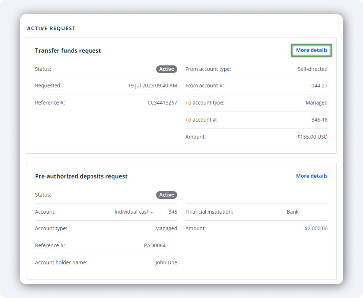 Active request section showing transfer and PAD requests