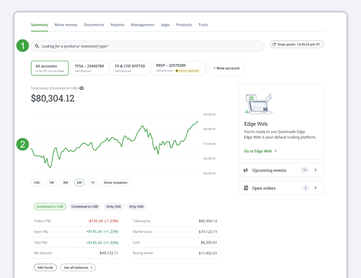 Summary of my accounts section displaying account balances and Quick links