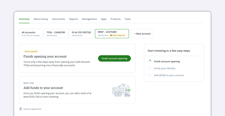 New Accounts section displaying account applications