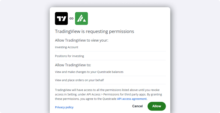 TradingView Questrade API permissions
