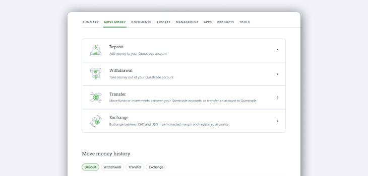 Move money menu w history