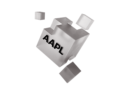 Illustration of fractional shares: a large cube with the AAPL stock ticker breaking apart into smaller cubes on a grey background.